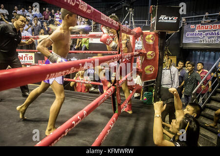 Schlagen. Jungs, Muay Thai Boxer kämpfen, Bangkok, Thailand Stockfoto