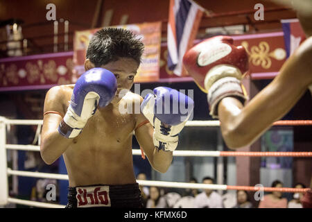 Jungs, Muay Thai Boxer kämpfen, Bangkok, Thailand Stockfoto