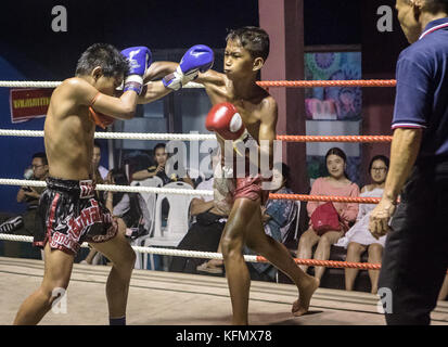 Schlagen. Jungs, Muay Thai Boxer kämpfen, Bangkok, Thailand Stockfoto