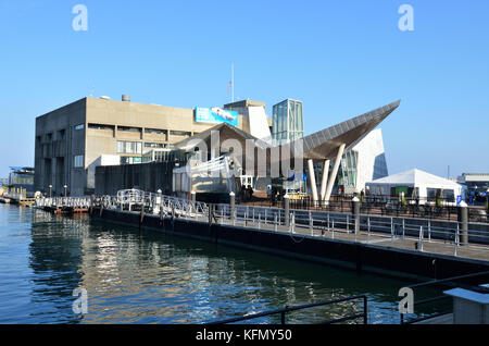 Blick auf das New England Aquarium bauen auf Central Wharf am Hafen von Boston, Boston, Massachusetts, USA Stockfoto