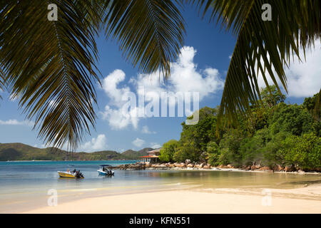 Die Seychellen, Praslin, Anse Besitz, mit Palmen gesäumten tropischen Strand mit Medaille d" oder Guest House am Vorgewende Stockfoto