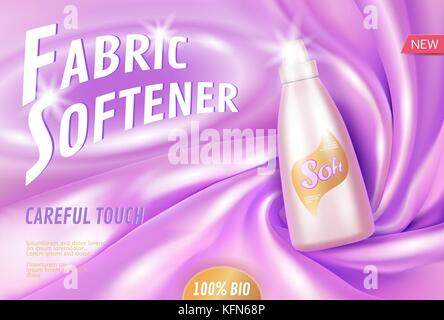 Weichspüler 3d realistische Werbe Poster Vorlage. Reinigen Haushalt chemische organische Produkt. zarte Seide Kleidung violett violett leuchtende Kunststoff Flasche mockup. Wäscheservice ad Vector Illustration Stock Vektor