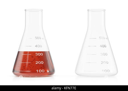 Transparentes Glas chemische Flaschen voller roter Flüssigkeit und leeren Becher auf weißem Hintergrund. 3D-Darstellung Stockfoto