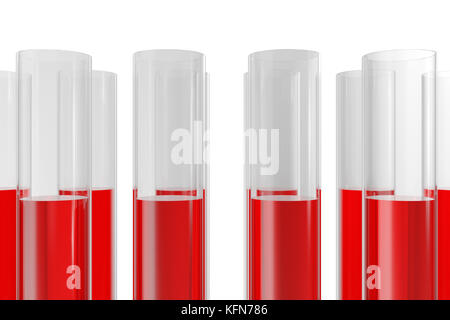 Chemie Flaschen mit farbige Flüssigkeit auf weißem Hintergrund Hintergrund. Wissenschaft Chemie Konzept. Labor Reagenzgläser und Kolben mit farbigen Flüssigkeiten, 3D-Rendering Stockfoto