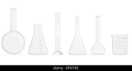 Leere Chemie Flaschen auf weißem Hintergrund eingestellt. Wissenschaft Chemie Konzept. Leer Labor Röhrchen und Flaschen. 3D-Rendering Stockfoto