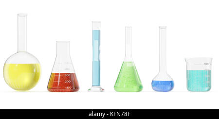 Chemie Flaschen mit farbige Flüssigkeit auf weißem Hintergrund. Wissenschaft Chemie Konzept. Labor Reagenzgläser und Kolben mit farbigen Flüssigkeiten, 3D-Rendering Stockfoto