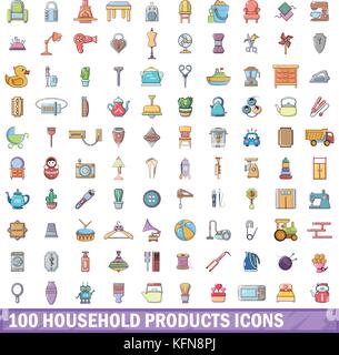 100 Haushalt Produkte Symbole, Cartoon Stil Stock Vektor