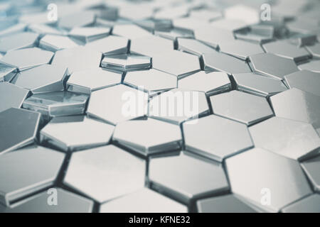 Silber abstrakte sechseckige Hintergrund mit Tiefenschärfe Wirkung. Aufbau einer großen Zahl von Sechsecken. Stahl Wabe wand Textur, glänzende Hexagon Cluster Hintergrund, 3D-Rendering Stockfoto