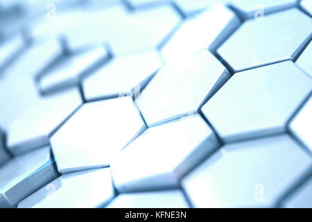 Sechskant futuristick Abstrakt Hintergrund mit Tiefenschärfe Wirkung. Aufbau einer großen Zahl von Sechsecken. Stahl Wabe wand Textur, glänzende Hexagon Cluster Hintergrund, 3D-Rendering Stockfoto