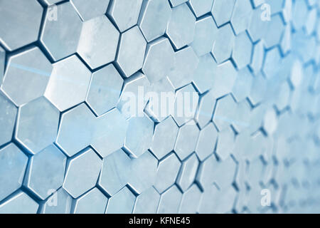 Sechskant futuristick Abstrakt Hintergrund mit Tiefenschärfe Wirkung. Aufbau einer großen Zahl von Sechsecken. Stahl Wabe wand Textur, glänzende Hexagon Cluster Hintergrund, 3D-Rendering Stockfoto