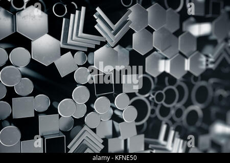 Zylindrische Metall Stahl Profile, sechseckigen Metall Stahl Profile, Quadrat Metall Stahl Profile. verschiedene Produkte aus Edelstahl, 3D-Darstellung Stockfoto