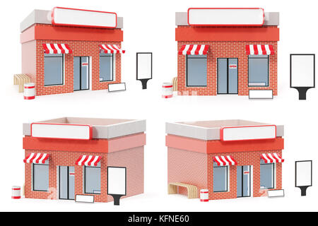 Set store mit copy Space Board auf weißem Hintergrund. Moderne shop Gebäude, store Fassaden. äusseren Markt. Außenfassade store Gebäude, 3D-Rendering Stockfoto