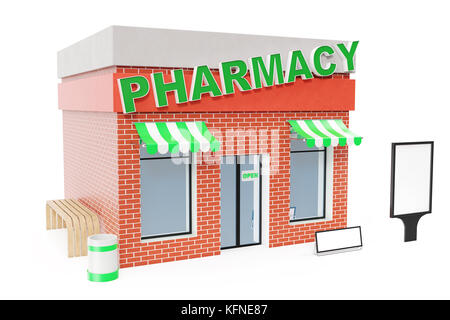 Apotheke mit copy Space Board auf weißem Hintergrund. Moderne shop Gebäude, store Fassaden. äusseren Markt. Außenfassade store Gebäude, 3D-Rendering Stockfoto