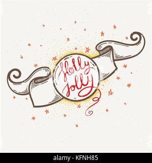 Handdrawn Schriftzug Abzeichen mit Holly Jolly Text. vector Art perfektes Design für Poster, Karten, Flyer und Banner. xmas-Design. Stock Vektor