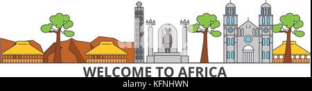 Afrika Übersicht Skyline, afrikanische flache dünne Linie Symbole, Wahrzeichen, Illustrationen. Afrika Stadtbild, African Travel city Vektor Banner. städtischen Silhouette Stock Vektor