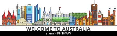 Australien übersicht Skyline, australische flache dünne Linie Symbole, Wahrzeichen, Illustrationen. Australien Stadtbild, australische Reisen Stadt vektor Banner. städtischen Silhouette Stock Vektor