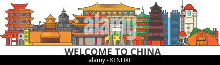 China übersicht Skyline, Chinesisch flache dünne Linie Symbole, Wahrzeichen, Illustrationen. China Stadtbild, chinesisch Vektor reisen Stadt Banner. städtischen Silhouette Stock Vektor