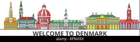 Dänemark übersicht Skyline, dänische flache dünne Linie Symbole, Wahrzeichen, Illustrationen. Dänemark Stadtbild, Danish Travel city Vektor Banner. städtischen Silhouette Stock Vektor