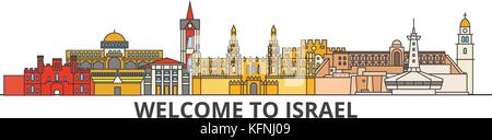 Israel Umrisse Skyline, israelische flache dünne Linie Symbole, Wahrzeichen, Illustrationen. Israel Stadtbild, israelische Reisen Stadt vektor Banner. städtischen Silhouette Stock Vektor