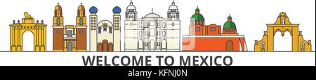 Mexiko übersicht Skyline, Mexikanische flache dünne Linie Symbole, Wahrzeichen, Illustrationen. Mexiko Stadtbild, mexikanische Reisen Stadt vektor Banner. städtischen Silhouette Stock Vektor