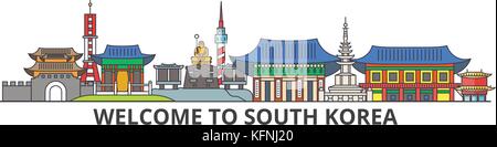 Südkorea Umrisse Skyline, Koreanisch flache dünne Linie Symbole, Wahrzeichen, Illustrationen. Südkorea Stadtbild, Koreanisch reisen Stadt vektor Banner. städtischen Silhouette Stock Vektor