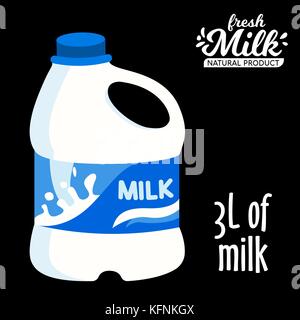 Milch in eine große Plastikflasche Symbol flacher Stil. Auf schwarzem Hintergrund isoliert. Vector Illustration Stock Vektor