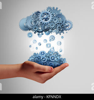 Cloud Development Business und Internet Data Storage oder Online Application Technology Konzept als Gruppe der Zahnräder fallen in eine Hand. Stockfoto