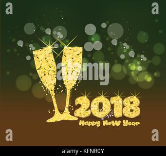 Frohes neues Jahr 2018 Gold. Gläser Champagner auf hellen Hintergrund mit bokeh Effect Stock Vektor