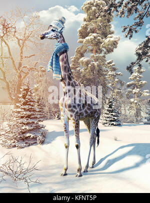 Giraffe im Winter Wald. 3D-Render Elemente und Foto gemischt. Stockfoto