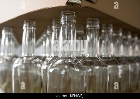 Whiskey Whisky und Brandy Distillery. Leere Glasflaschen. Stockfoto