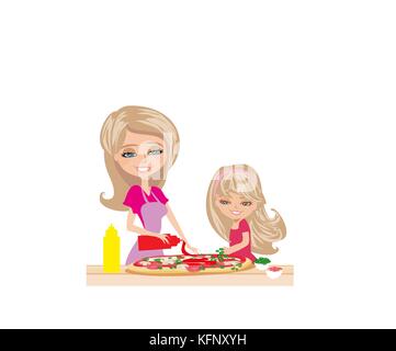 Mutter mit Tochter Pizza vorbereiten Stock Vektor