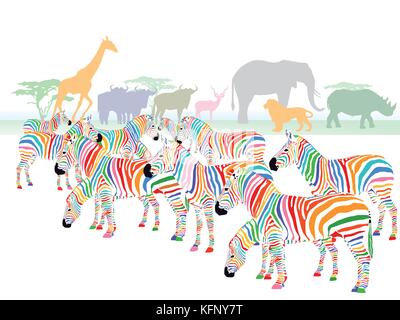 Bunte Zebras in der Savanne Stock Vektor