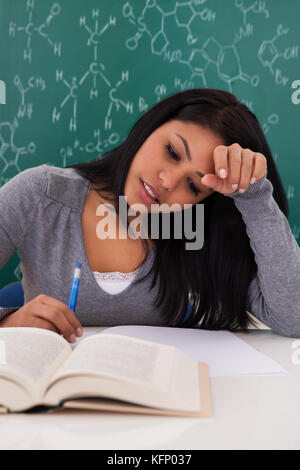 Porträt der jungen Studentin Studium im Klassenzimmer Stockfoto