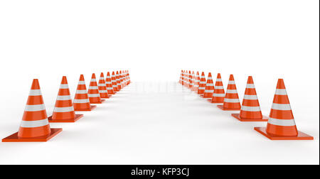 3D-rendering Leitkegel in einer Reihe auf weißem Hintergrund Stockfoto