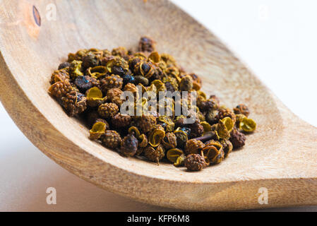 Sichuan Piroggen close-up in einem hölzernen Löffel Stockfoto