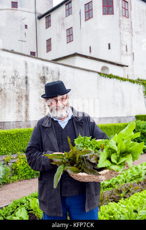 Gärtner Simon Irvine in den dekorativen Bio-Gemüsegärten von Läckö Slott, einer mittelalterlichen Burg auf der Insel Kållandsö, Westschweden. Stockfoto