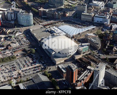 Luftaufnahme der Manchester AO Arena & Victoria Station, Hunts Bank, Manchester UK Stockfoto