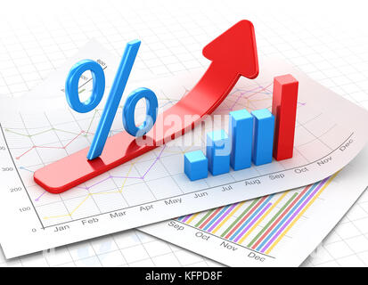 Prozentzeichen und Business Plan auf Papier, roter Pfeil oben bewegen. 3D-Render und Computer generierten Bildes. Stockfoto