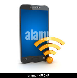 Smartphones und WLAN-Symbol. 3D-Render und Computer generierte Bild. auf weißem isoliert. Stockfoto