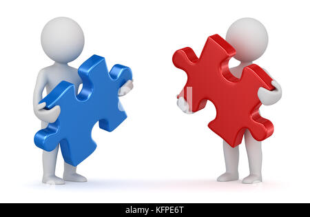 Zwei Mann mit roten und blauen Puzzleteil. 3D-Render und Computer generierten Bildes. Stockfoto