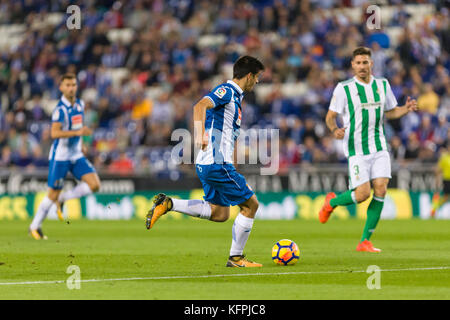 Barcelona, Spanien. Oktober 2017. RCD Espanyol-Vorspulen Gerard Moreno (7) während des Spiels zwischen RCD Espanyol und Real Betis Balompie für die Runde 10 der Liga Santander, spielte am 30. Oktober 2017 im Cornella - El Prat Stadion in Barcelona, Spanien. Stockfoto