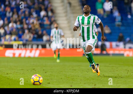 Barcelona, Spanien. Oktober 2017. Real Betis Balompie-Stürmer Joel Campbell (12) während des Spiels zwischen RCD Espanyol und Real Betis Balompie für die Runde 10 der Liga Santander, spielte am 30. Oktober 2017 im Cornella - El Prat Stadion in Barcelona, Spanien. Stockfoto