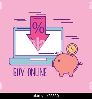 Online laptop Prozent Rabatt piggy Münze kaufen Stock Vektor