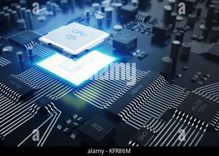 3D-Rendering zentralen Computer Prozessoren cpu-Konzept. Elektronischer Ingenieur der Computertechnologie. Computer Board chip-CPU-Kern. hardware Konzept elektronische Gerät motherboard Semiconductor Stockfoto