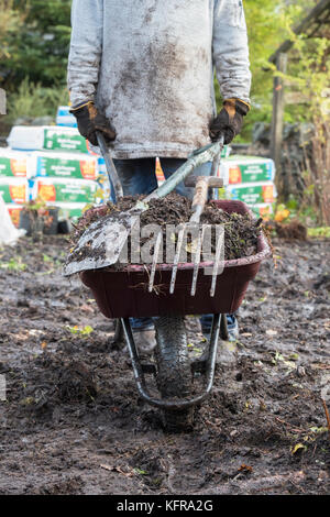 Gärtner drücken eine Schubkarre mit alten Holz chip Rinde nach dem Ausbau aus einem alten Gemüsegarten mit nassen schweren Boden. Scottsih Grenzen, Schottland Stockfoto
