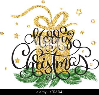 Frohe Weihnachten gold glitzernde Schrift Kalligraphie Text mit Design auf dem Hintergrund der Goldenen stilyzed Geschenk Stock Vektor