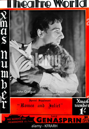 Romeo und Julia von William Shakespeare, mit John Gielgud und Peggy Ashcroft, auf dem Cover des Theater Welt, Dezember 1935. New Theatre, London, 1935. Unter der Regie von John Gielgud. Stockfoto