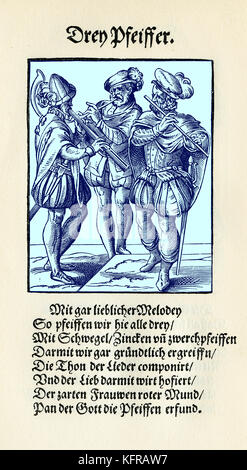 Deutsche Musiker spielen auf der Flöte und Horn der Ziege aus dem Buch von Trades/Das Standebuch (Panoplia omnium illiberalium mechanicarum...), Sammlung von Holzschnitten von Jost Amman (13. Juni 1539 - 17. März 1591), 1568 mit begleitenden Reim von Hans Sachs (5. November 1494 - 19. Januar 1576) Stockfoto