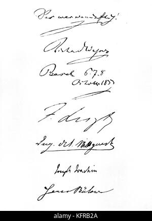 Fürstin Carolyne von sayn-wittgenstein's Album - souvenir Seite von Unterschriften. Im Oktober 1853, Sayn - Wittgenstein, ihre Tochter Marie, Franz Liszt und Joachim und Hans von Bülow Richard Wagner in Basel. CSW: polnische Adelige und Schriftsteller, Partner von Franz Liszt, 8. Februar 1819 - vom 9. März 1887. FL: ungarische Pianist und Komponist, 22. Oktober 1811 - vom 31. Juli 1886. RW: deutsche Komponist & Autor, 22. Mai 1813 - vom 13. Februar 1883. Stockfoto