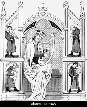 König David spielen eine Lyra, umgeben von vier weiteren Musikern spielt eine Vielzahl von Instrumenten, einschließlich der Dudelsack, die Trommel, ein Lira und eine Trompete, aus dem dreizehnten Jahrhundert. David ist oft mit Musik in biblischen Texten verbunden ist und als "Liebling der Lieder Israels" bezeichnet. Stockfoto